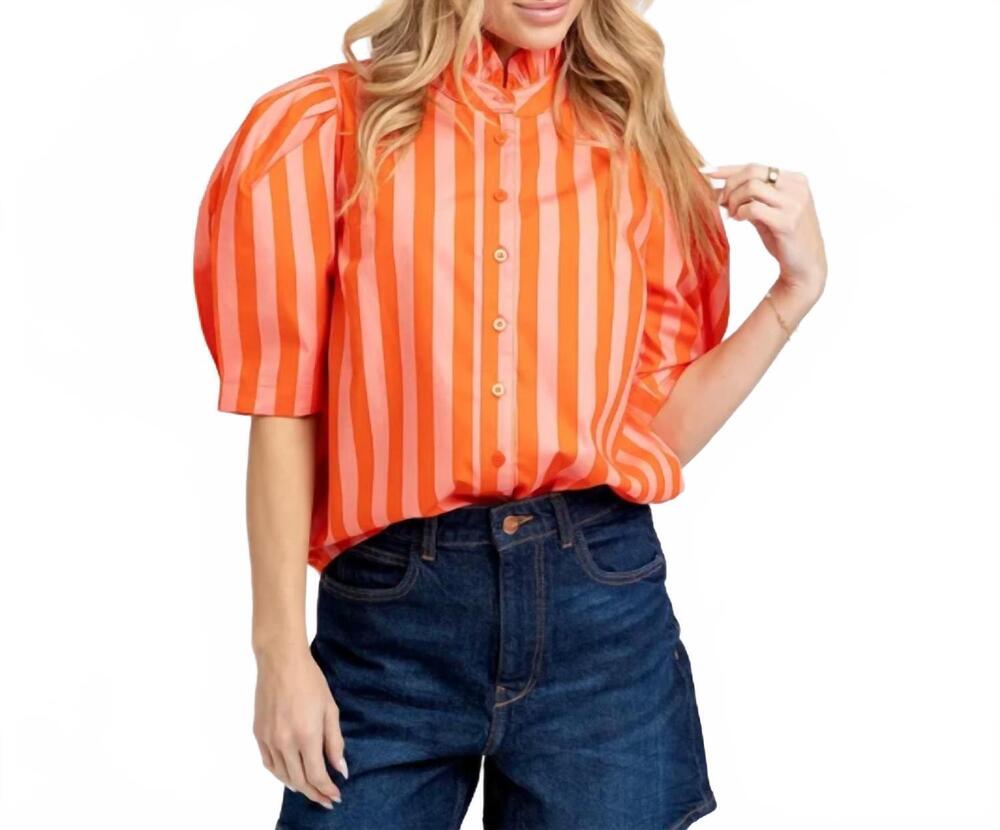 NEW KARLIE stripe button up ruffle top in coral
